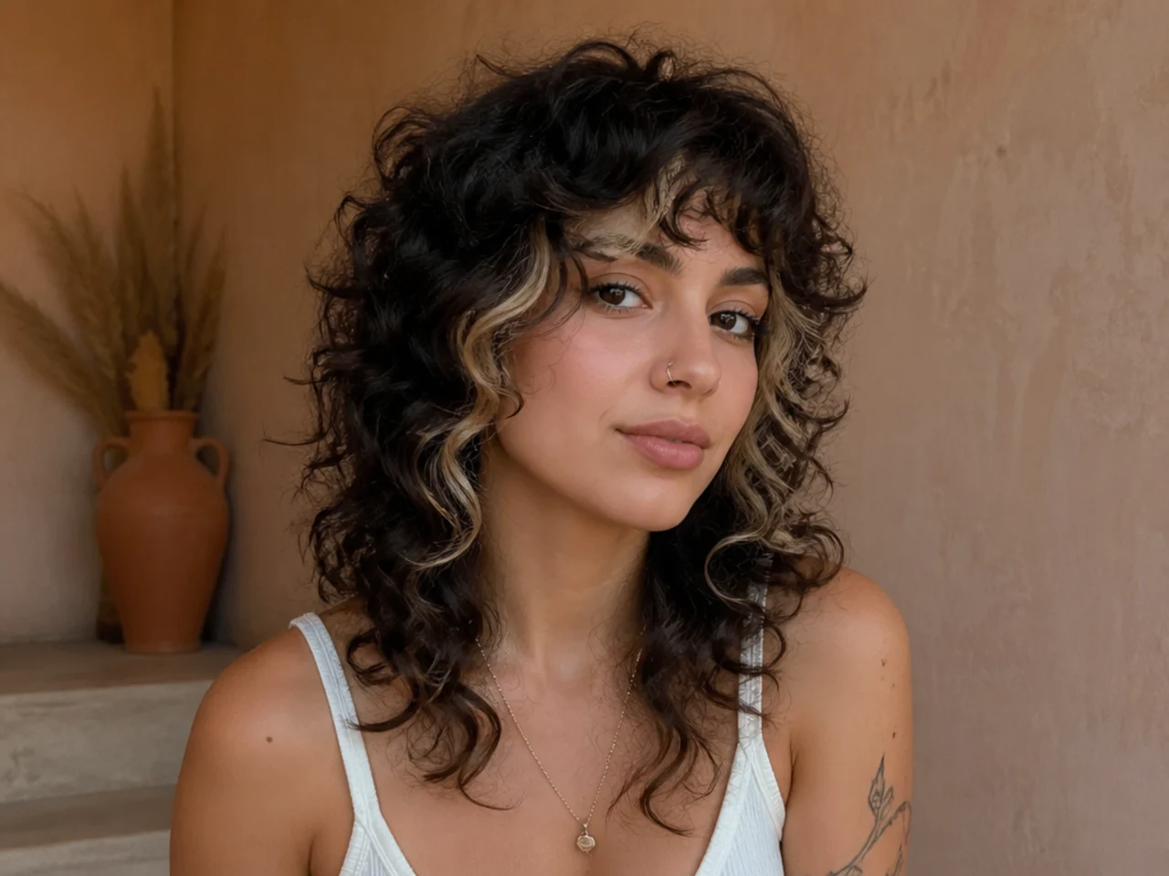 A curly wolf cut with a lightened money piece