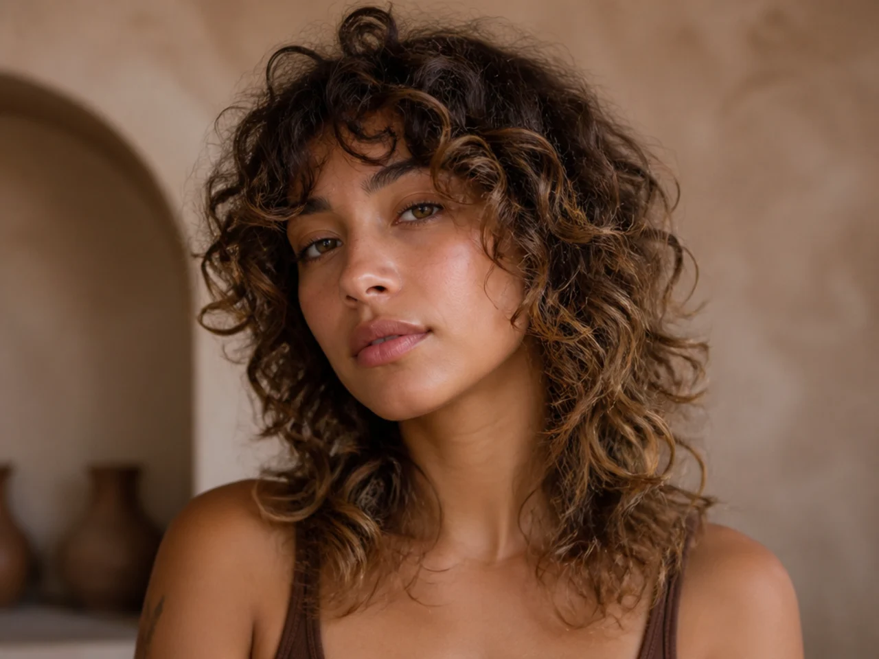 A curly wolf cut with painted balayage lightening