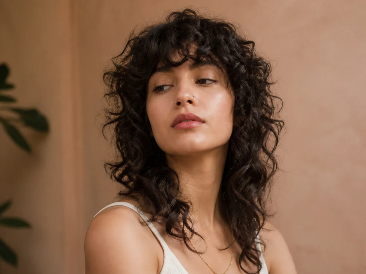A wolf cut on loose spiral curls