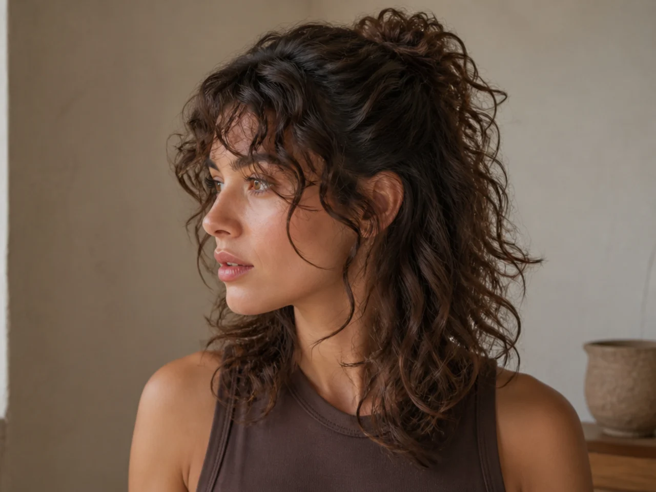 A curly wolf cut worn in a loose half up