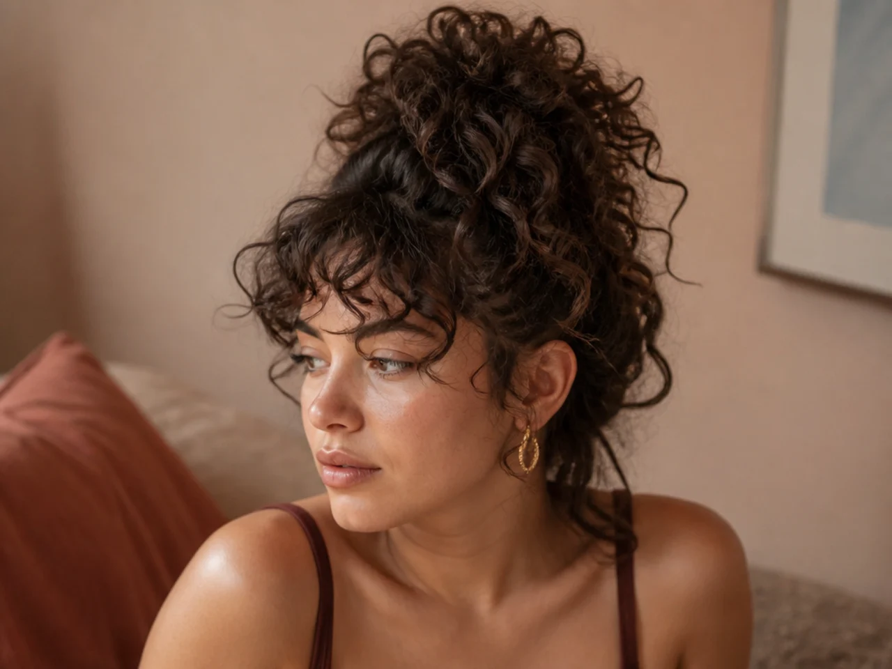 A curly wolf cut gathered into a pineapple on top of the head