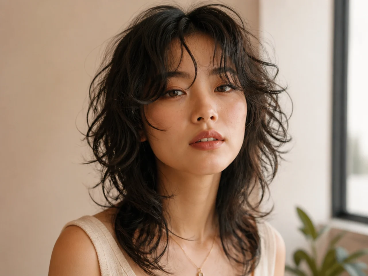A softly layered Korean style curly wolf cut
