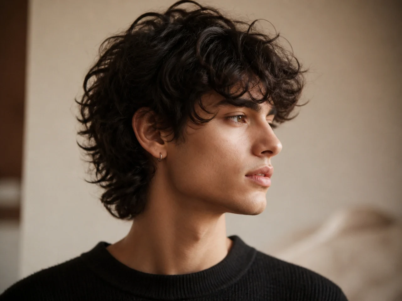 A curly wolf cut worn short on a man