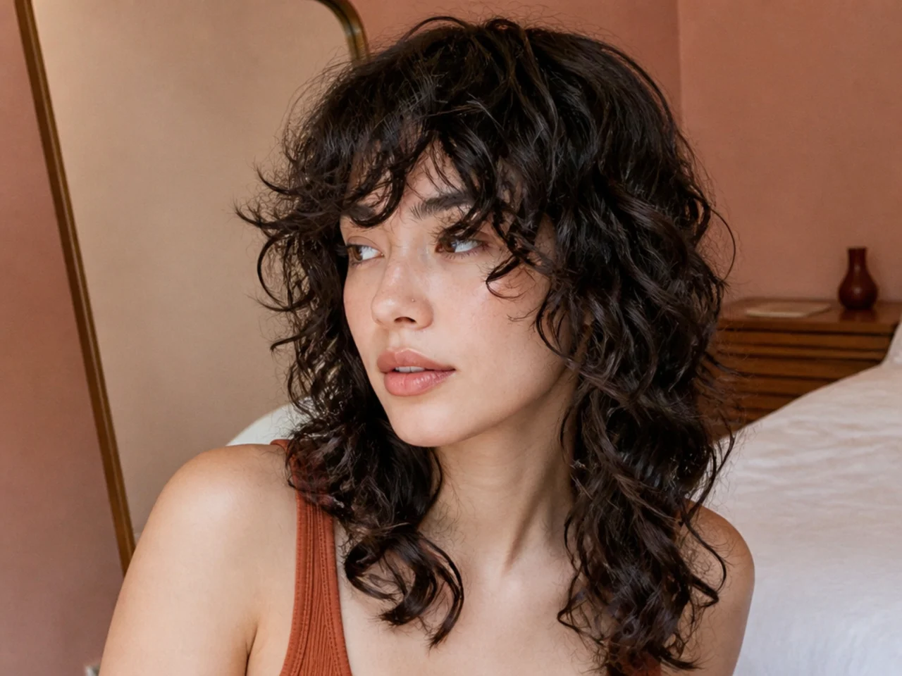 A second day curly wolf cut refreshed with water