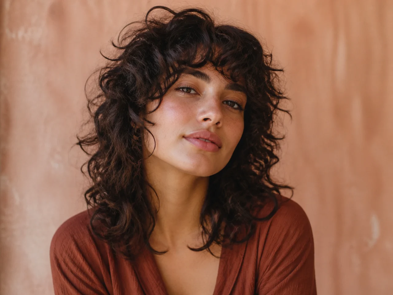 A shoulder length curly wolf cut