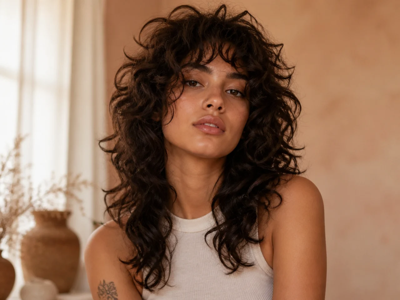 A long curly wolf cut past the shoulders