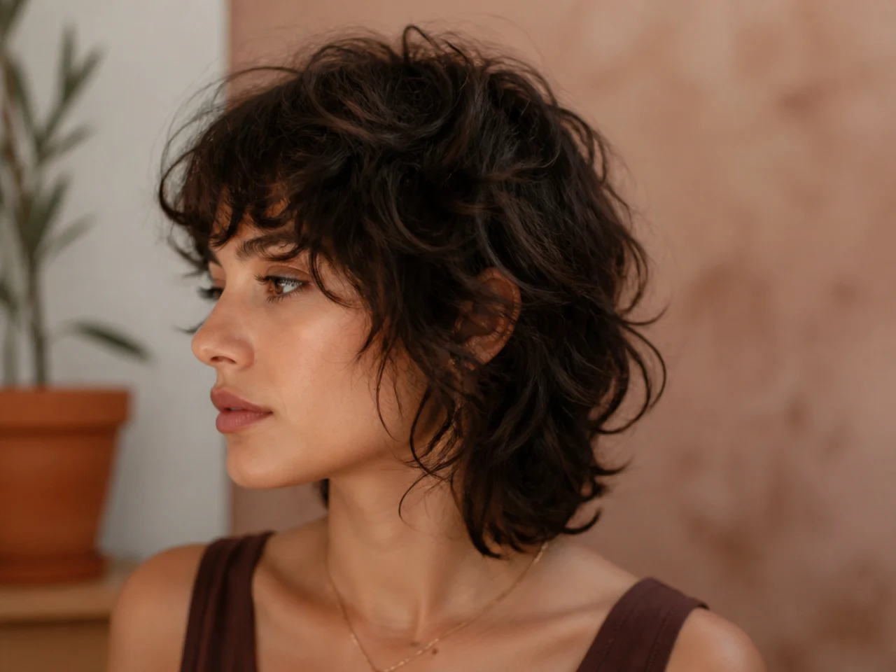 A short curly wolf cut above the shoulder