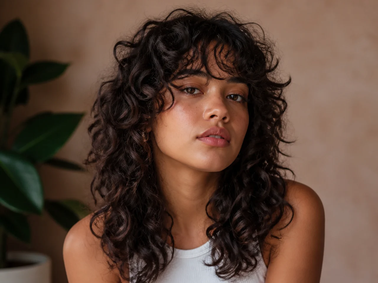 A curly wolf cut worn with curtain bangs