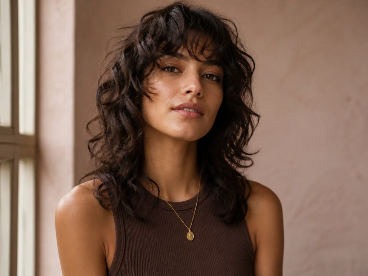 A curly wolf cut with a light wispy fringe
