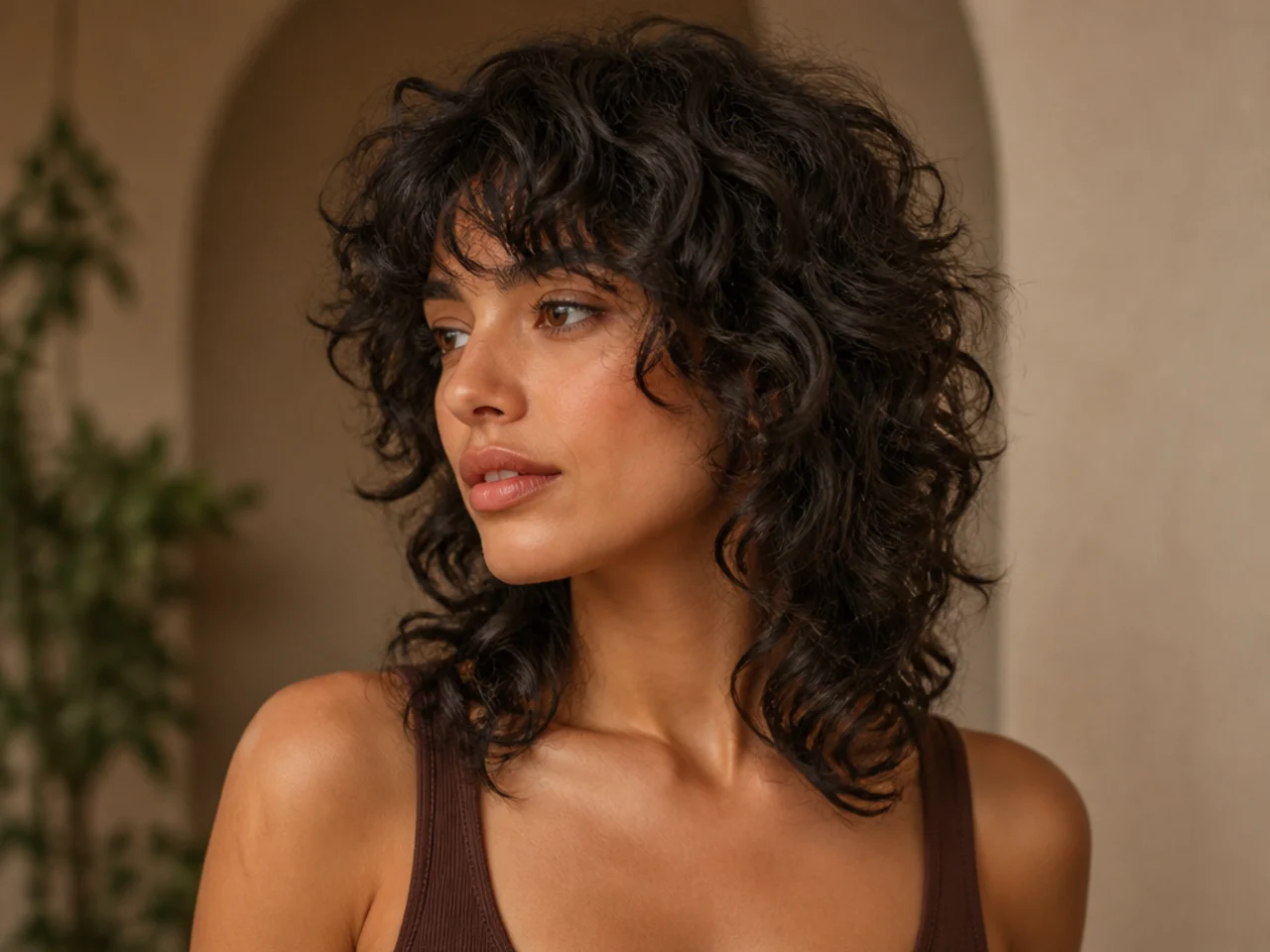 Three quarter view of a finished curly wolf cut