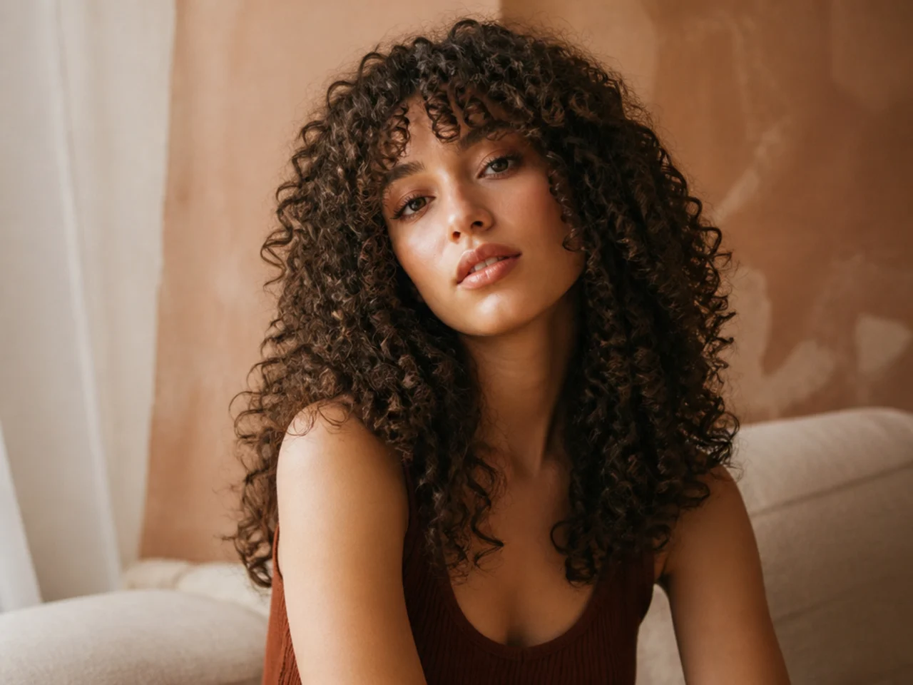 Defined spiral curls with a rounded fringe framing the forehead and long layered lengths