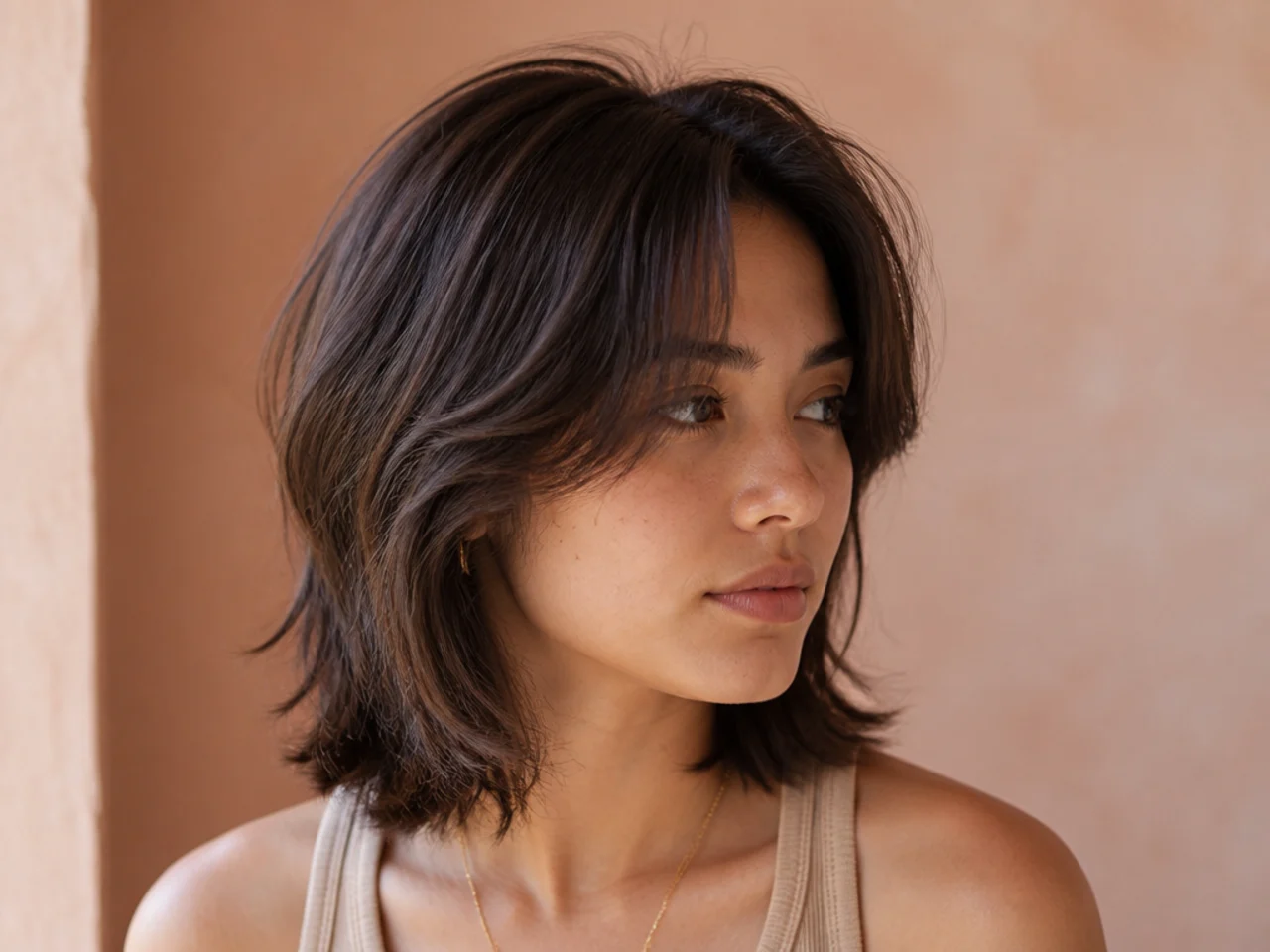 Hair ending just at the collarbone with stacked layers through the crown and a parted fringe