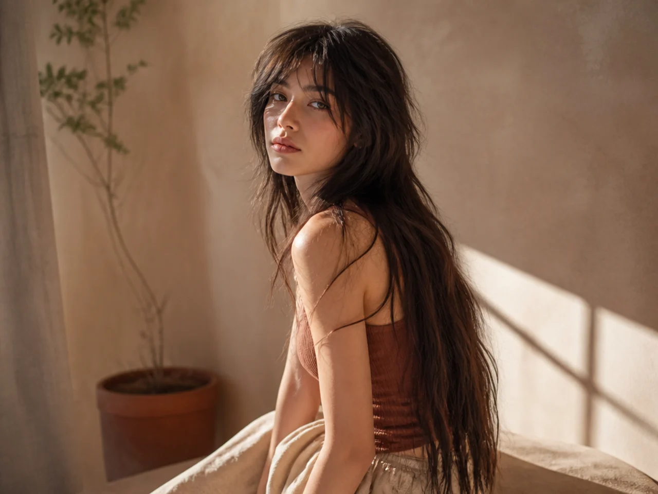 Very long hair reaching the waist with a short heavily textured crown and curtain fringe