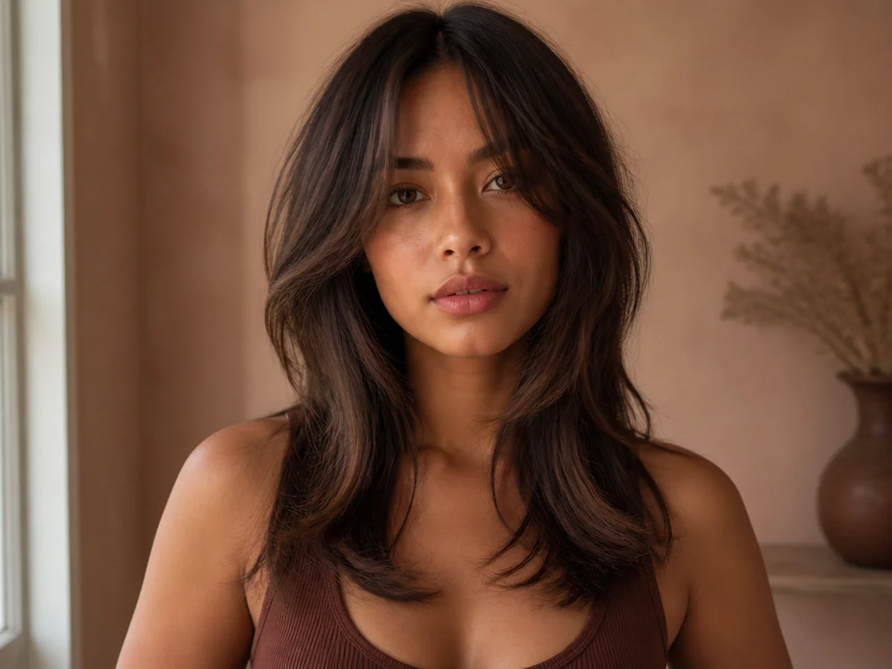 Front view showing three graduated face framing lengths flowing down from the fringe