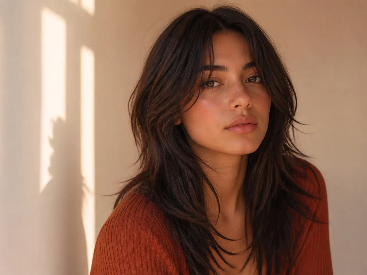 Softly shaggy layered hair with texture through the mid lengths and a wide parted fringe