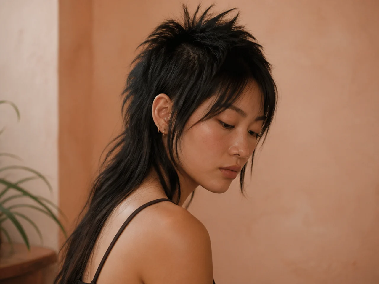 Short spiky crown and short sides against long hair down the back with a parted fringe