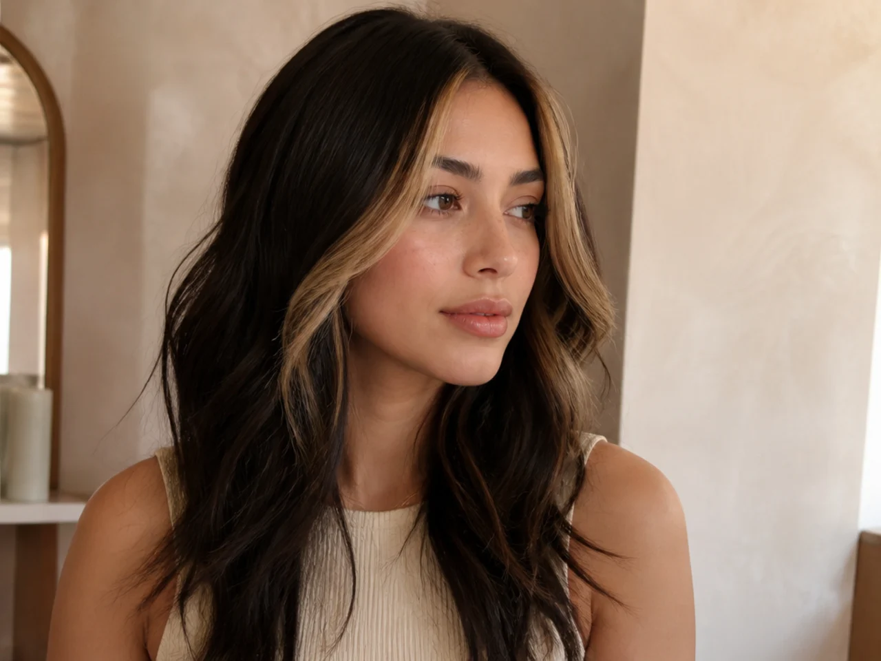 Dark layered hair with the two front fringe sections lightened to a warm blonde