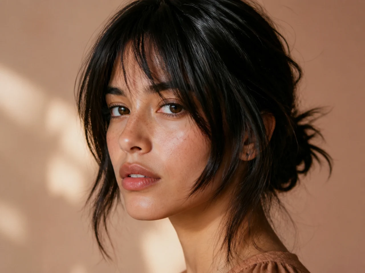 Close crop of a face with the shortest fringe pieces ending level with the cheekbones