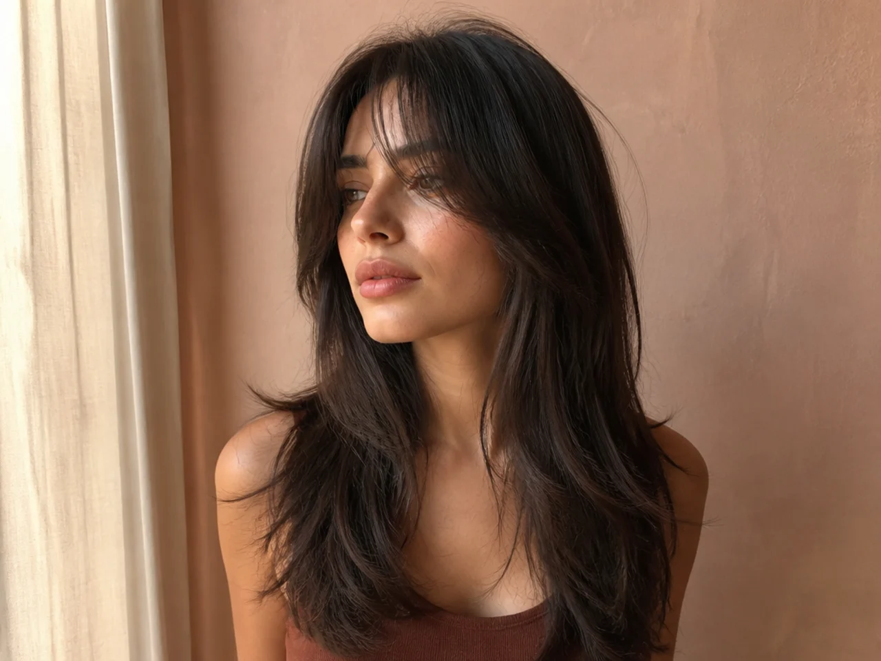 Long hair with a grown out fringe now reaching past the jaw and blending into the lengths