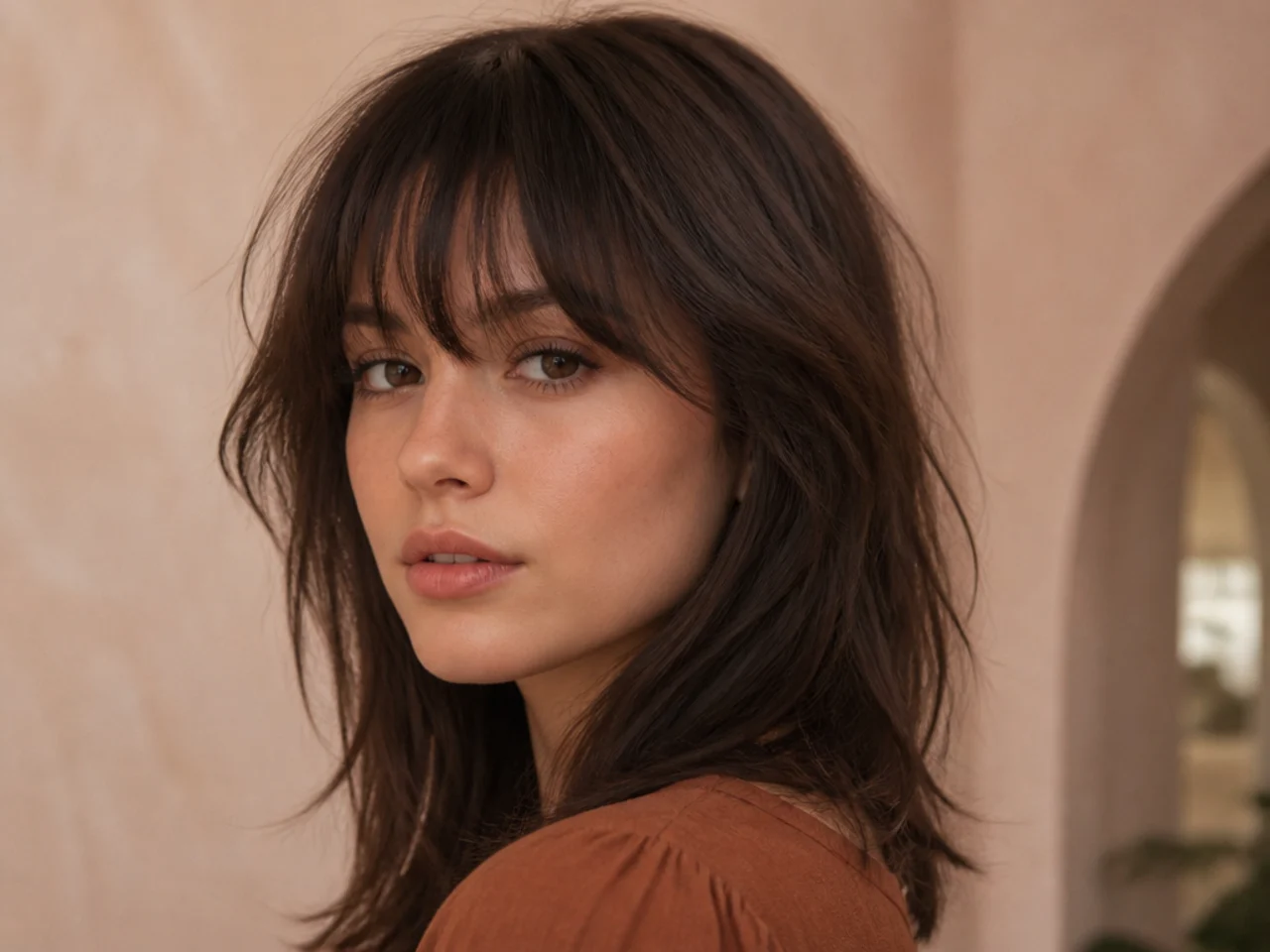 Feathery fringe with soft broken ends resting across the brows