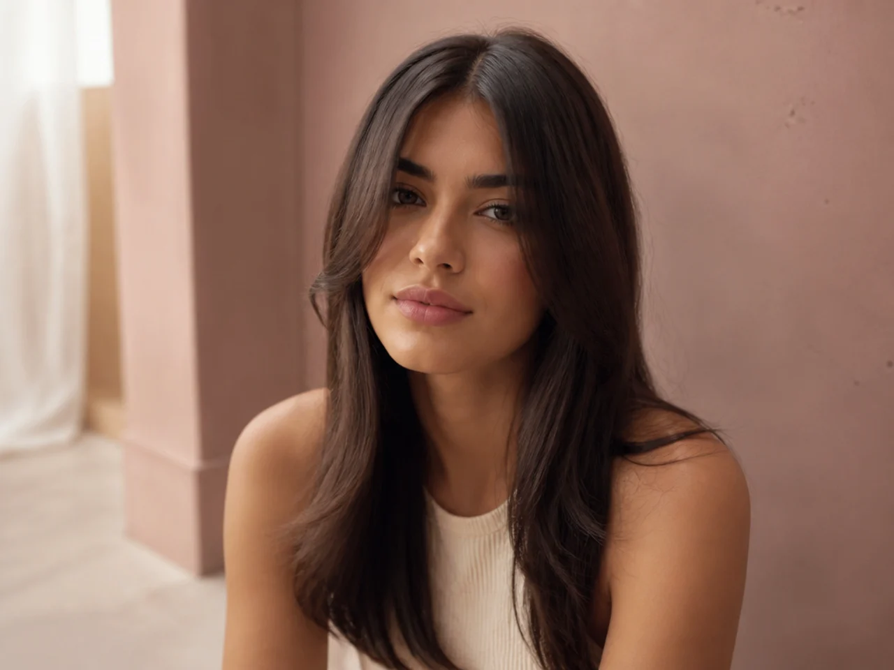 Straight centre parting with the fringe falling evenly on both sides of the face