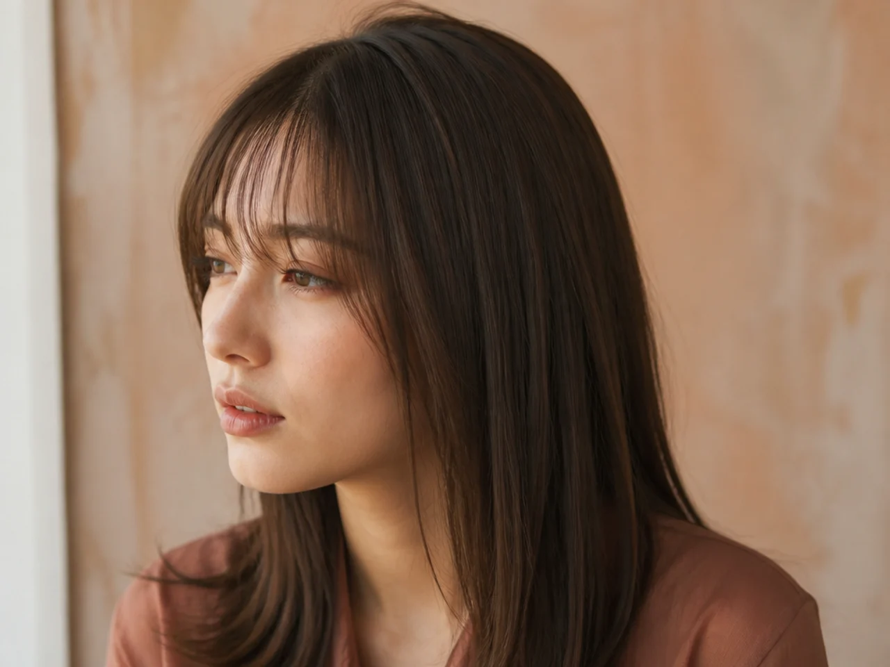 Fine straight hair with a light shallow fringe and visible layering at the crown