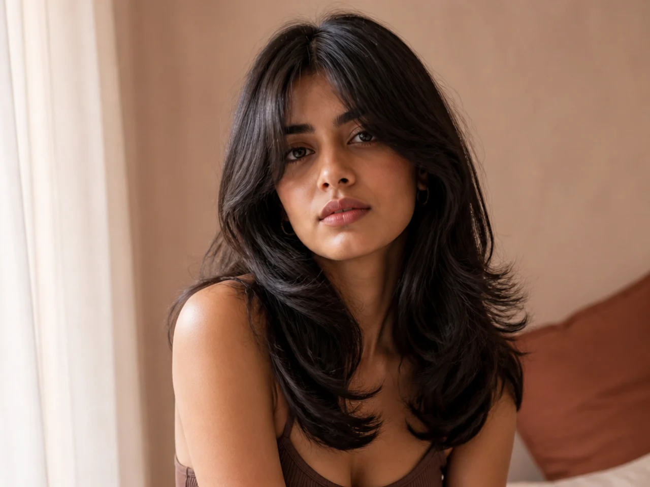 Very thick dark hair with a full fringe split down the middle and heavy layers behind