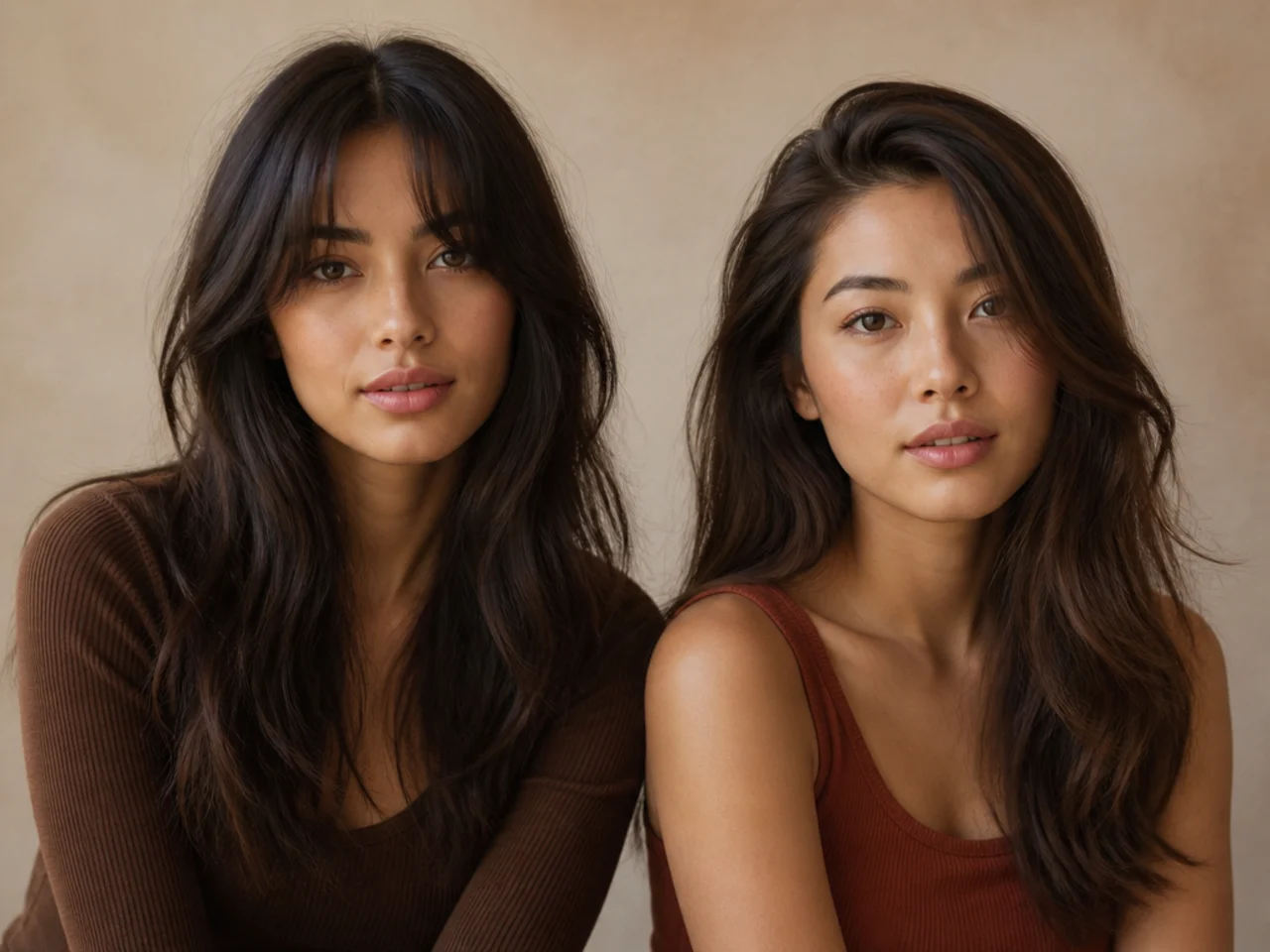 Two women side by side, one with a centre parted fringe and one with a deep side split