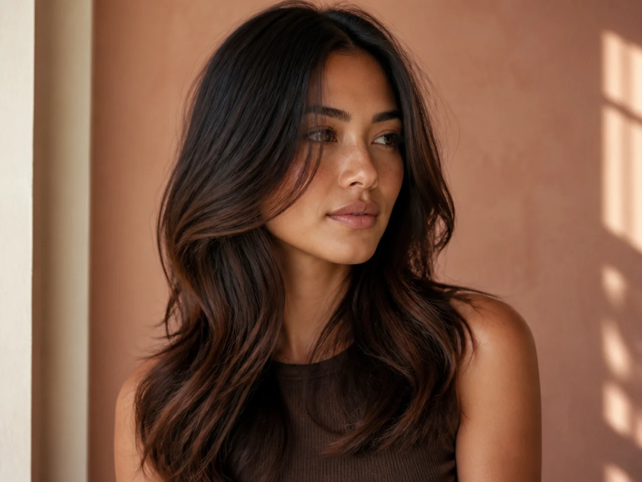 Three quarter view of long layered hair with a centre split fringe