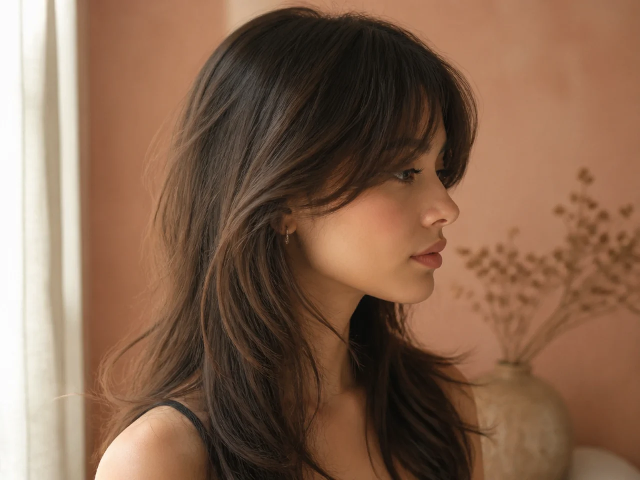Side view showing a fringe stepping down into progressively longer face framing layers