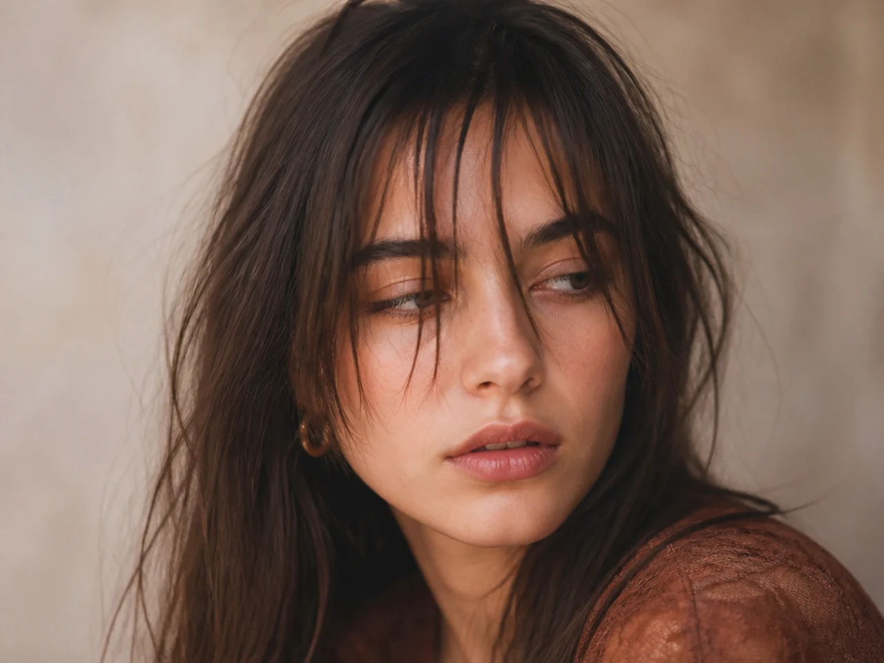 A fringe separating into uneven stringy pieces across the forehead