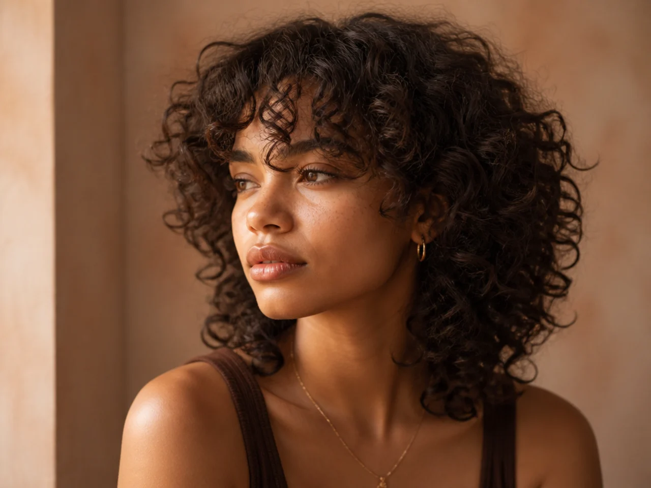 Curly hair with a rounded split fringe framing the forehead and layered lengths behind