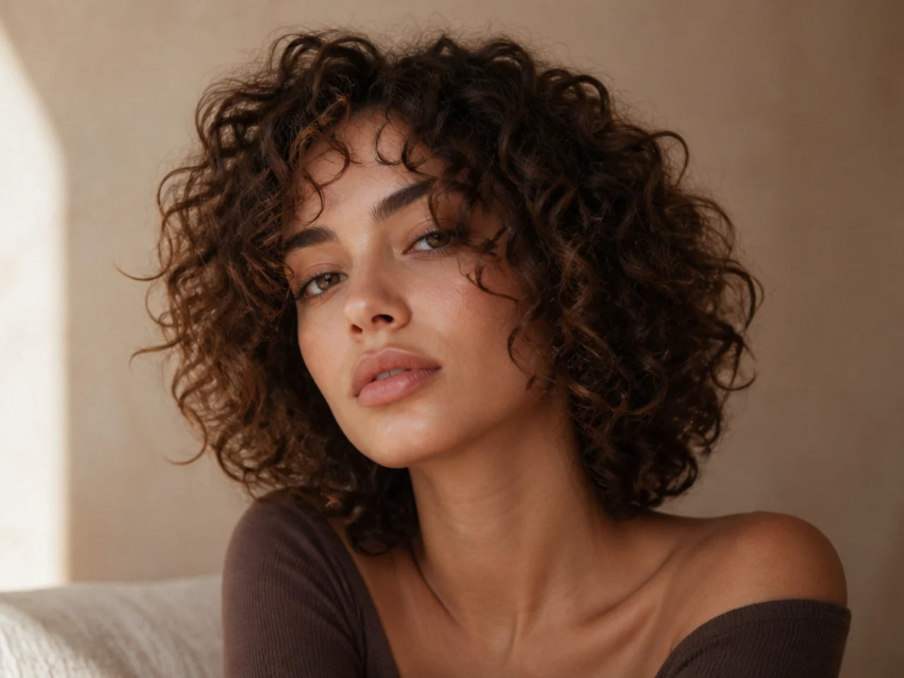 Curly layered hair with an open forehead and the shortest pieces at jaw level