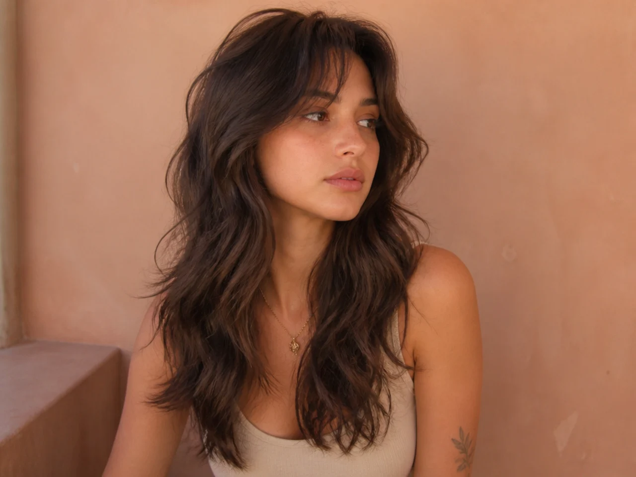 Loose beachy waves in a long layered wolf cut with soft crown texture