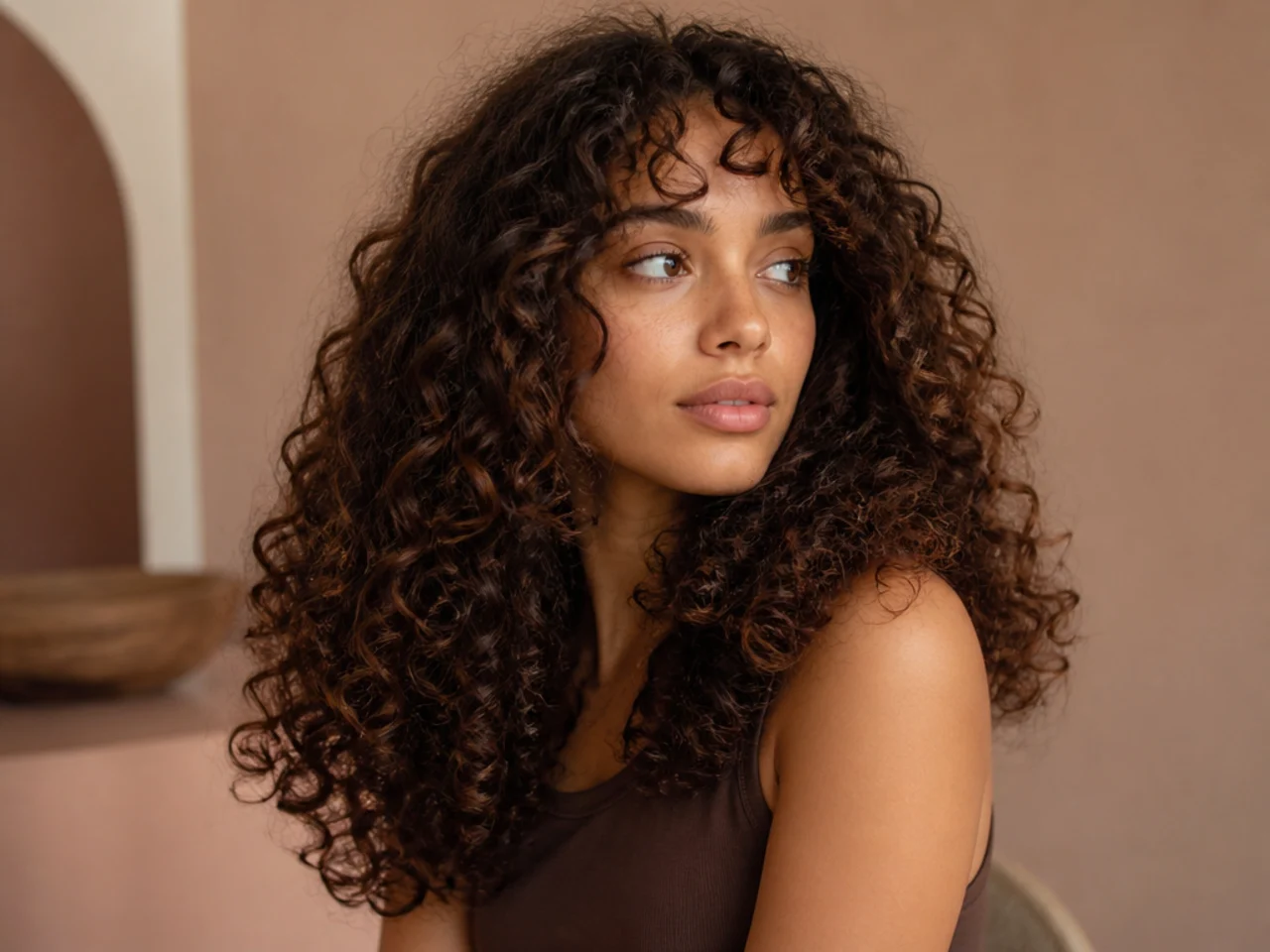 Curly hair with a full dense bottom edge and layers only through the upper sections