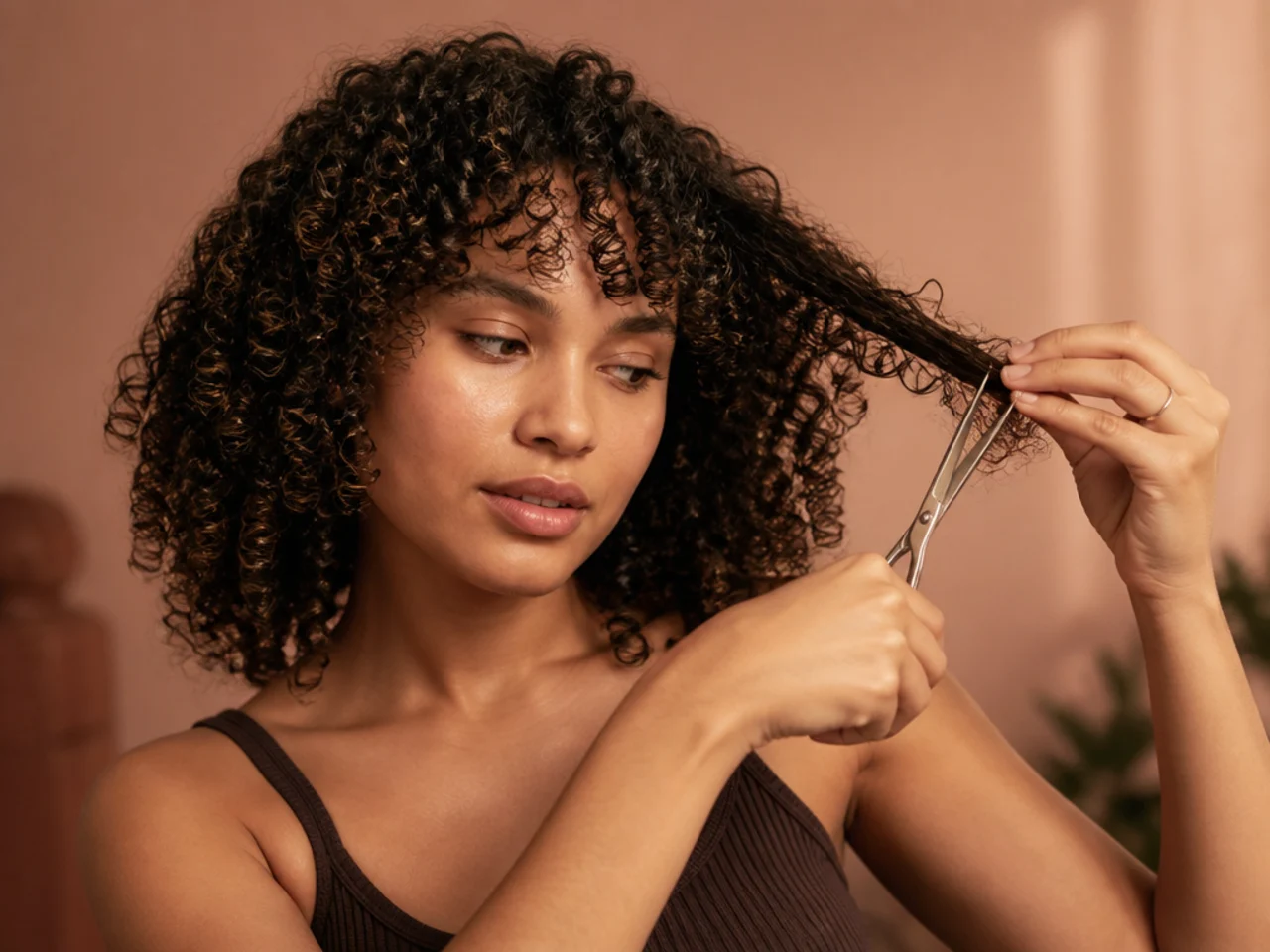 Scissors trimming one dry curl clump held in its natural position