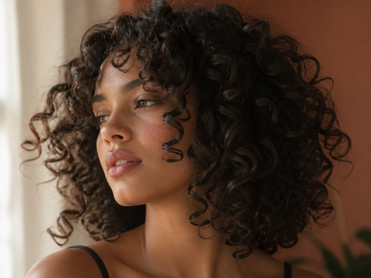 Curls with graduated shorter pieces framing the face from the jaw downward