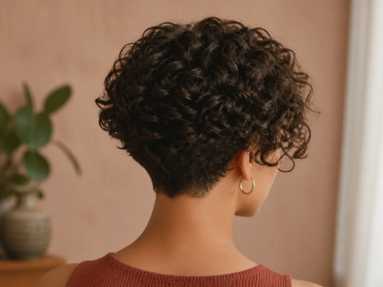 Rear view of a curly cut with a closely shaped nape above the collar