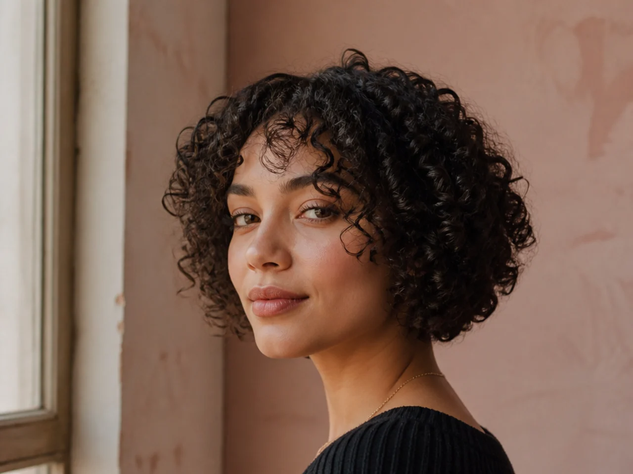 Tight curls cut to chin length with rounded layers around the face