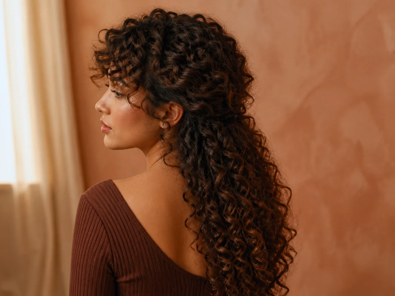 Short curly crown and sides above long curls falling down the back