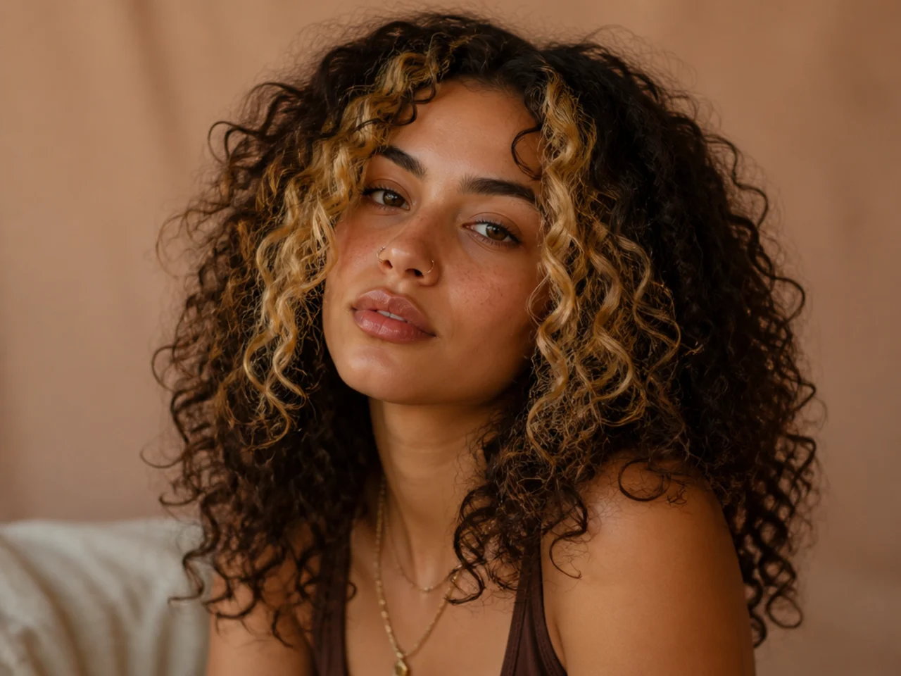 Dark curls with the two front sections lightened to a warm blonde