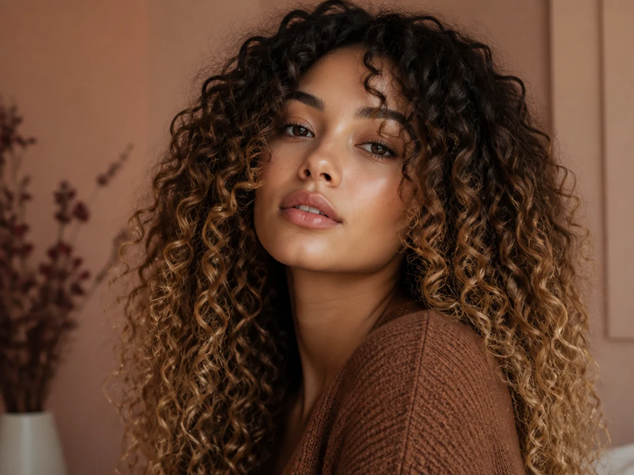 Curly hair with dark roots melting gradually into lighter mid lengths