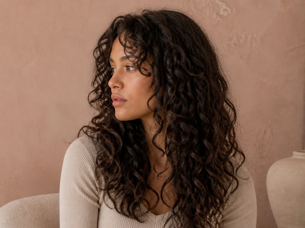 Softened grown out curly layers with a flatter crown and heavier lengths