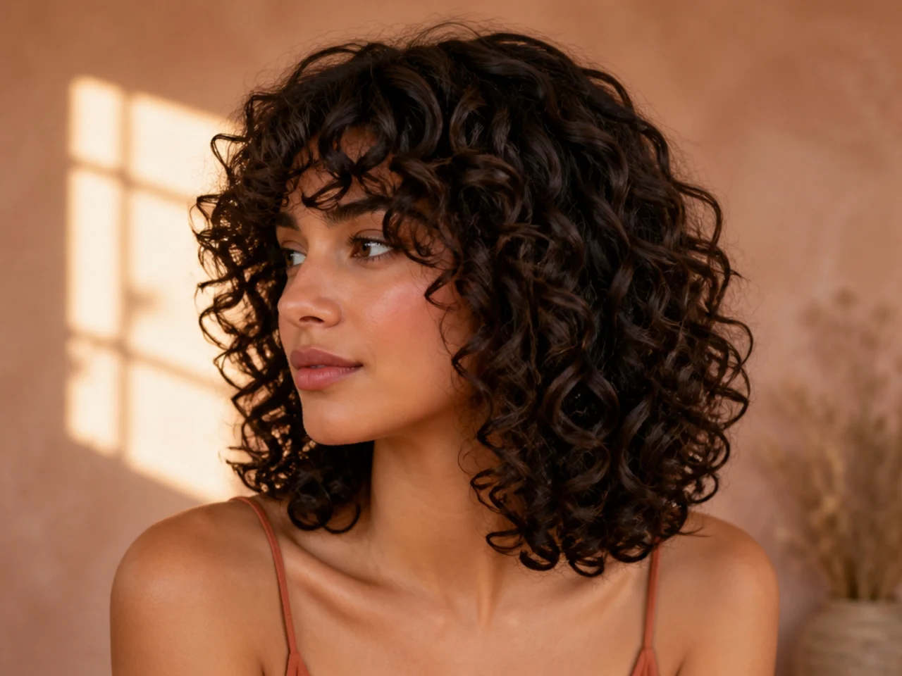 Spiral curls ending at the collarbone with layers stacked above