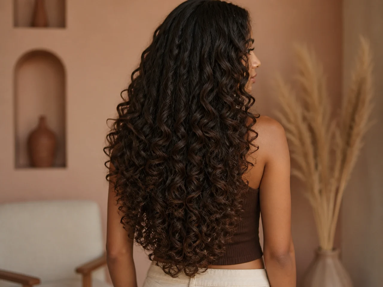Long curls reaching the middle of the back with three distinct layer tiers