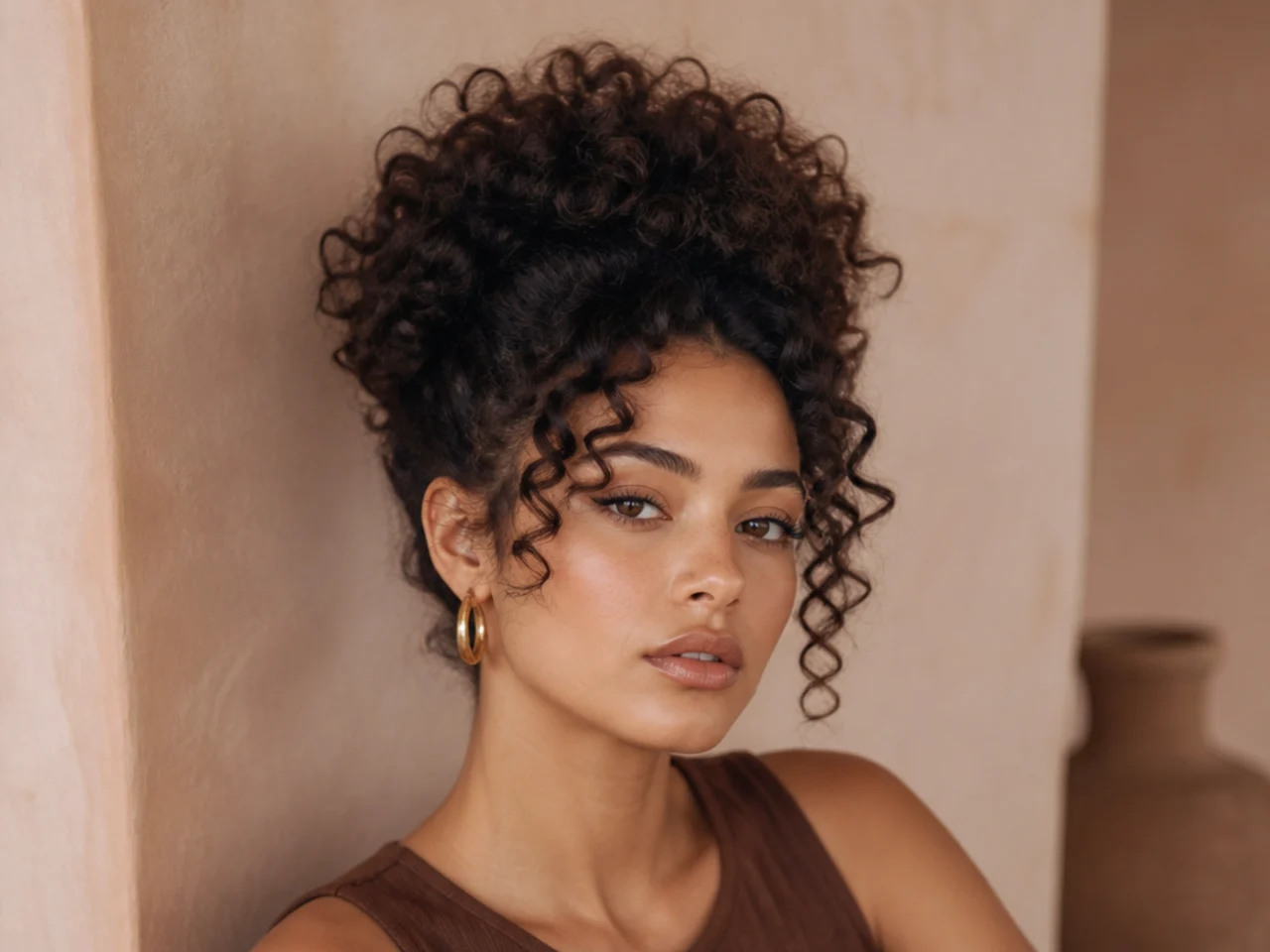 Curly hair with a tall lifted crown and narrower sides framing the face