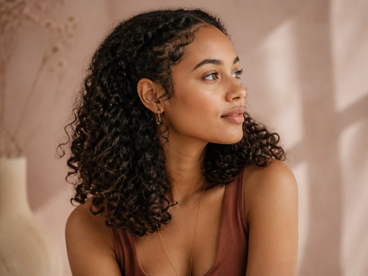 Curls held close at the temples with fullness beginning below the jawline