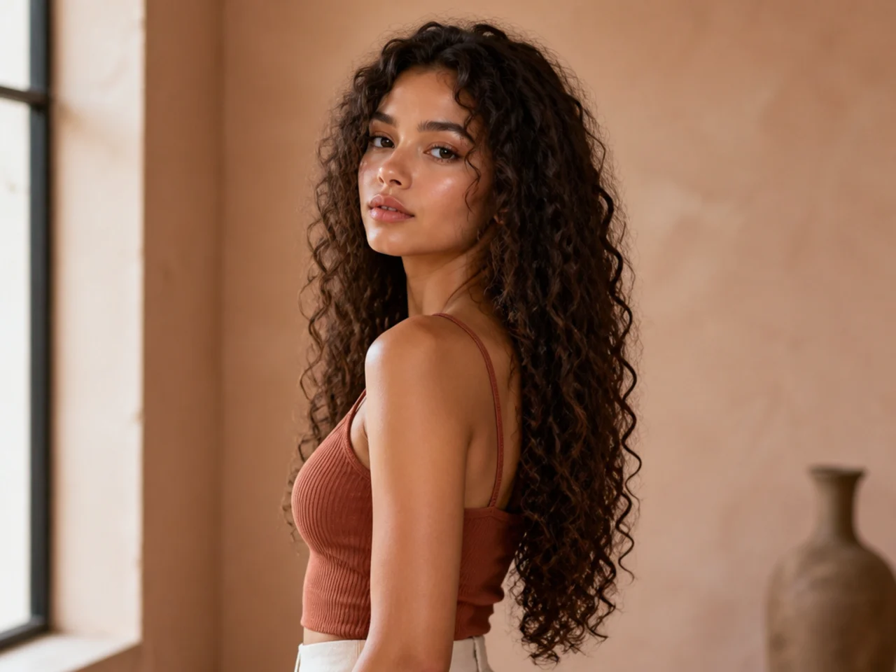 A slim vertical curly silhouette with no widening through the mid lengths