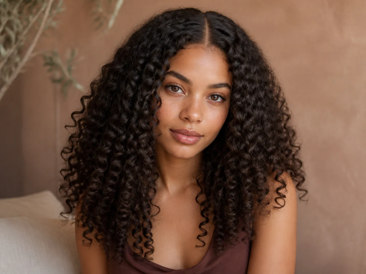 Curly hair parted straight down the centre with equal volume on both sides