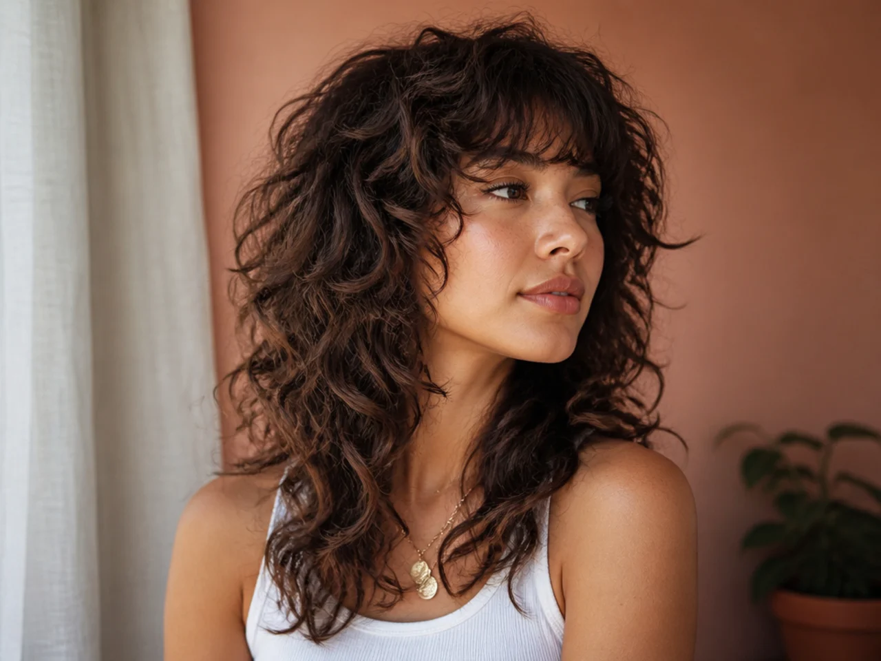 Three quarter view of a curly layered wolf cut with a lifted crown